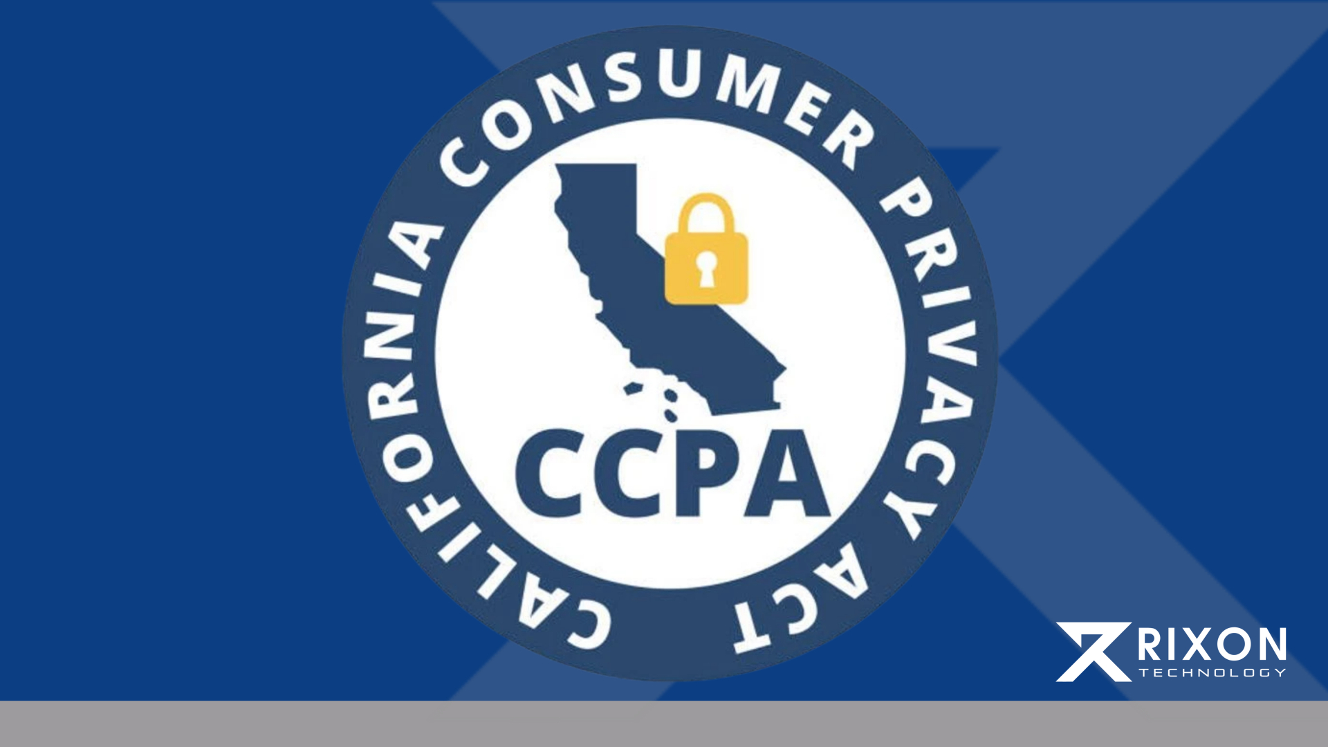 California Consumer Privacy Act (CCPA) emblem featuring the silhouette of California state with a padlock symbol, against a blue background. The text 'Rixon Technology' is positioned in the lower right.