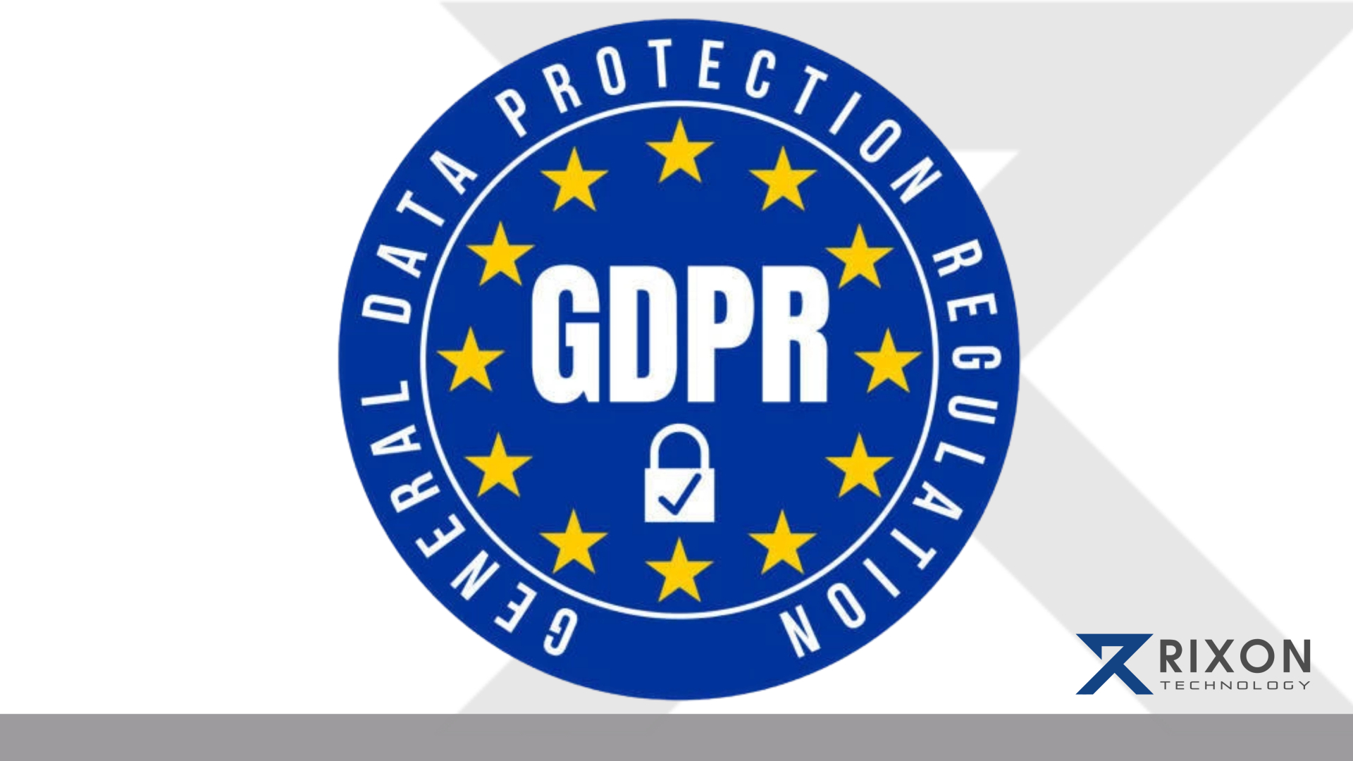 Logo of the General Data Protection Regulation (GDPR) with blue background and yellow stars arranged in a circle, representing the flag of the European Union. Below the logo is the text 'Rixon Technology'.