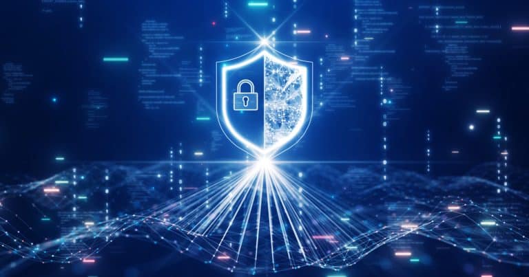 Digital cybersecurity shield representing quantum-resilient data protection with AI-powered defenses and network encryption.