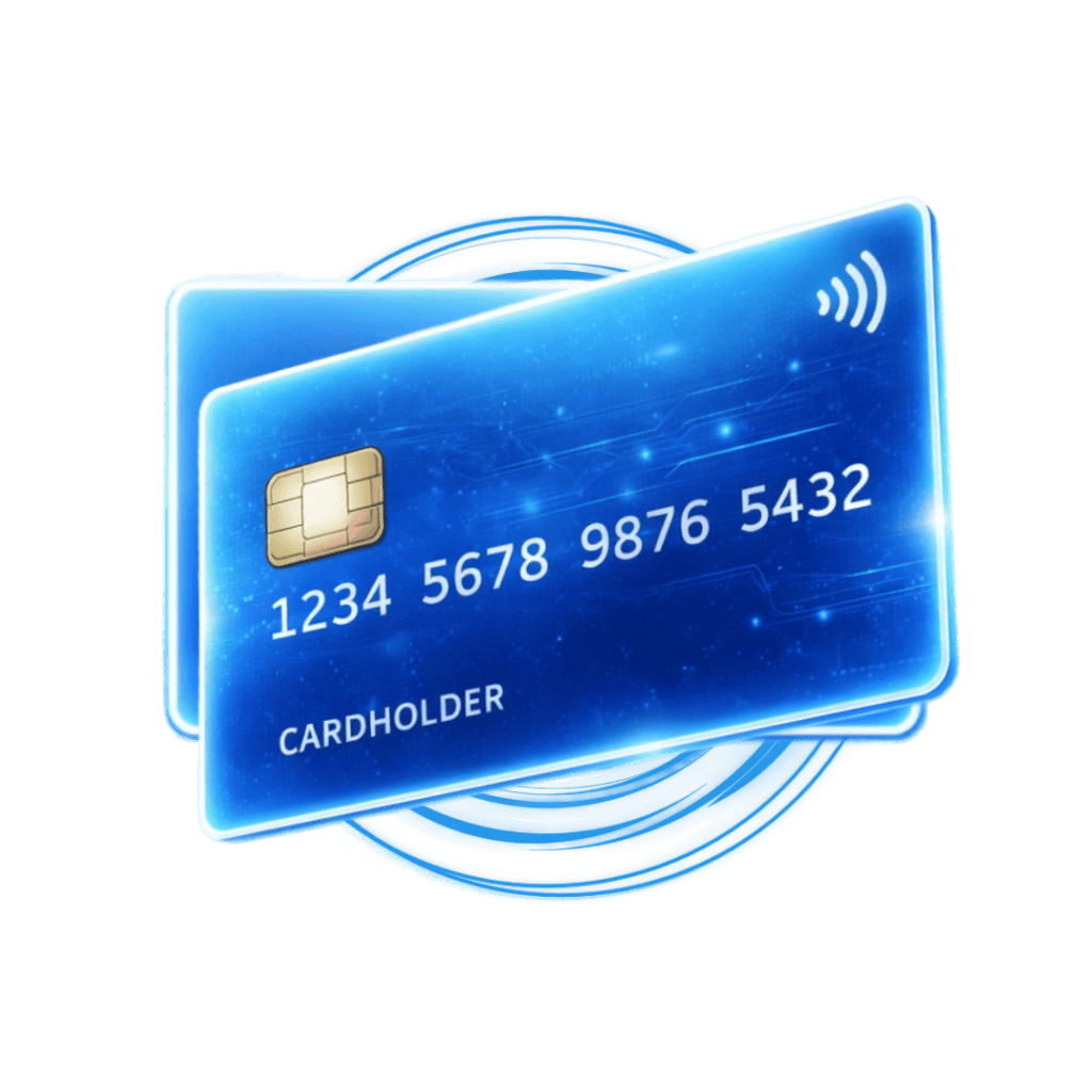 Stylized digital payment cards representing secure, tokenized financial transactions.