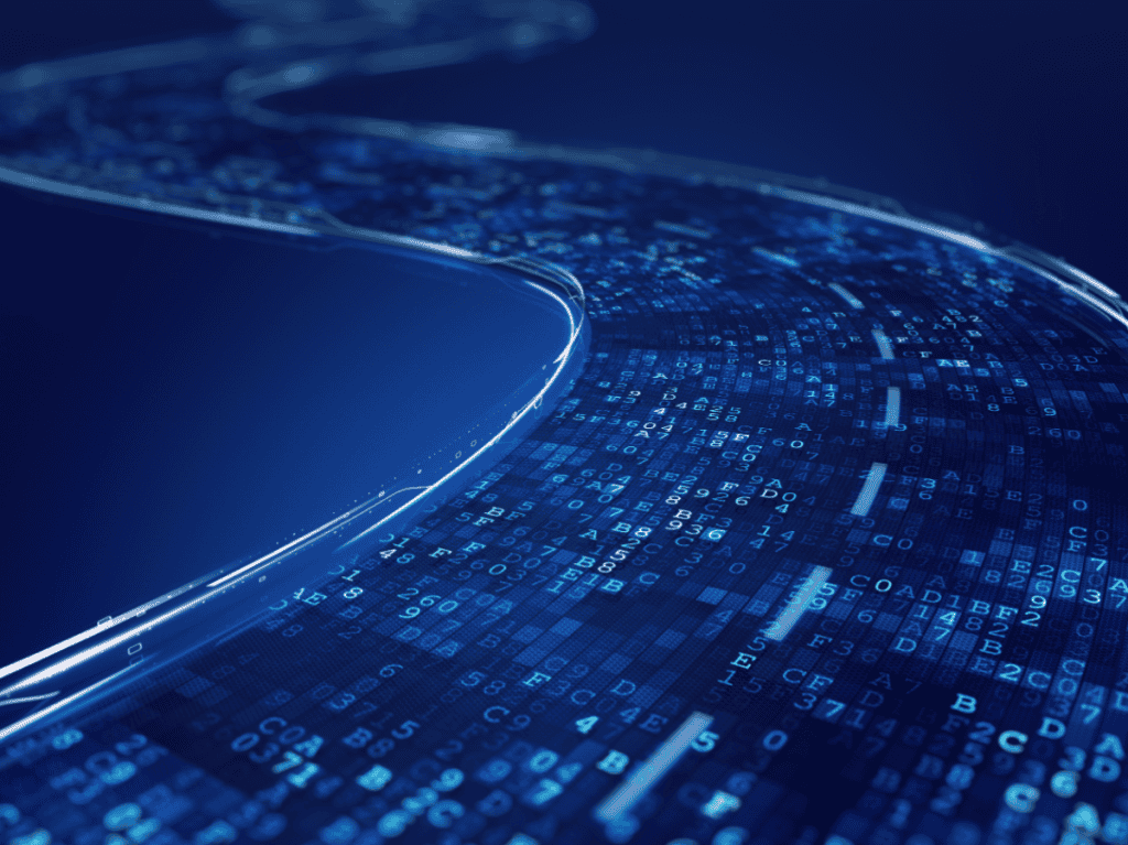 Digital data stream illustration representing PCI DSS 4.0.1 scope reduction, cardholder data segmentation, and minimized PAN storage within regulated payment environments.