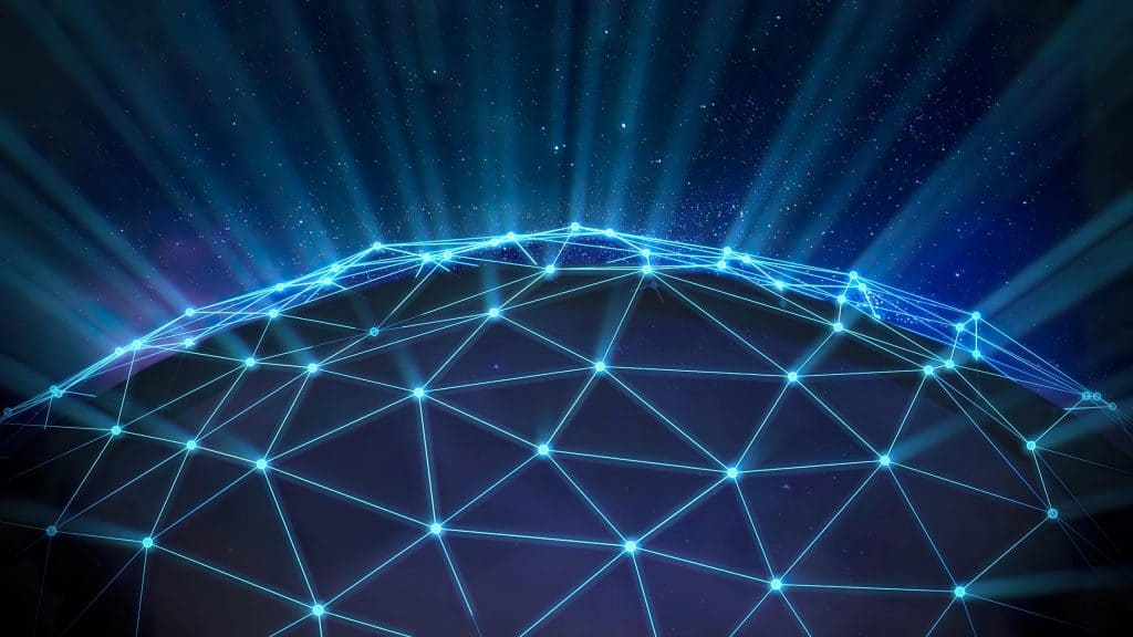 Abstract visualization of a decentralized data network with connected nodes representing secure, vaultless tokenization across distributed systems
