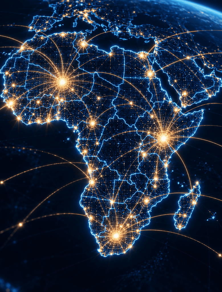 Digital map of Africa illustrating connected payment networks and cross-border tokenization infrastructure