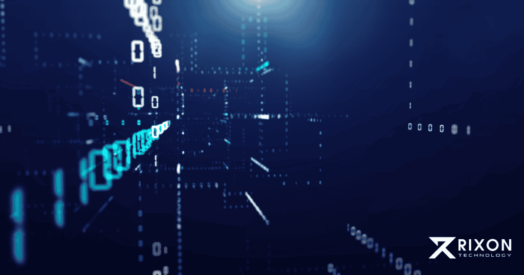 Abstract blue digital data streams illustrating data protection beyond encryption, featuring the Rixon Technology logo.